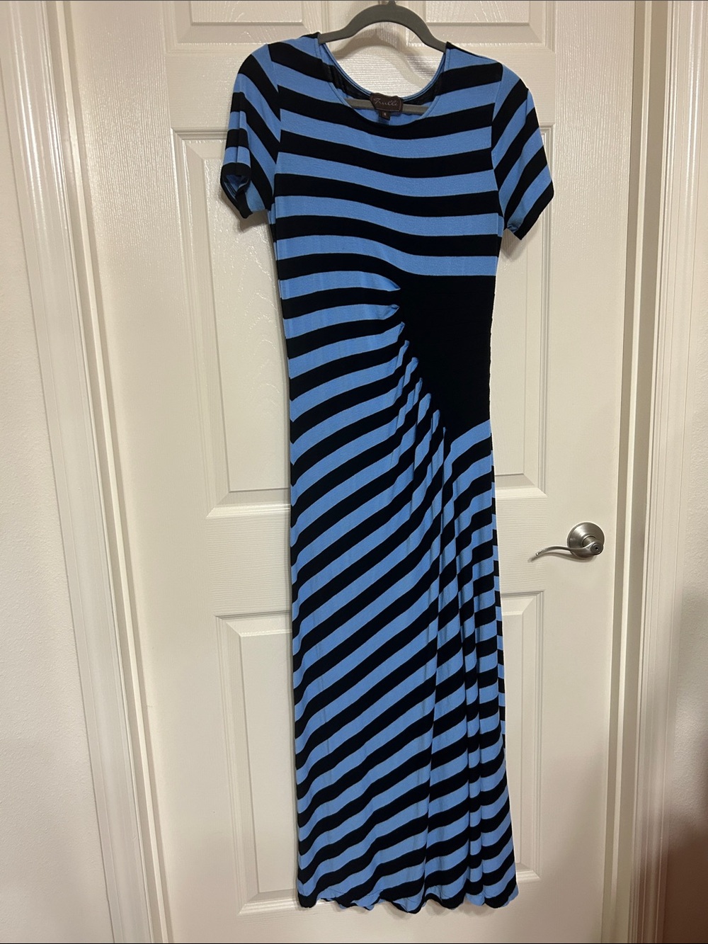 Anthropologie Trulli Maxi Dress Blue Black Stripes Flattering Ruching at Waist M
